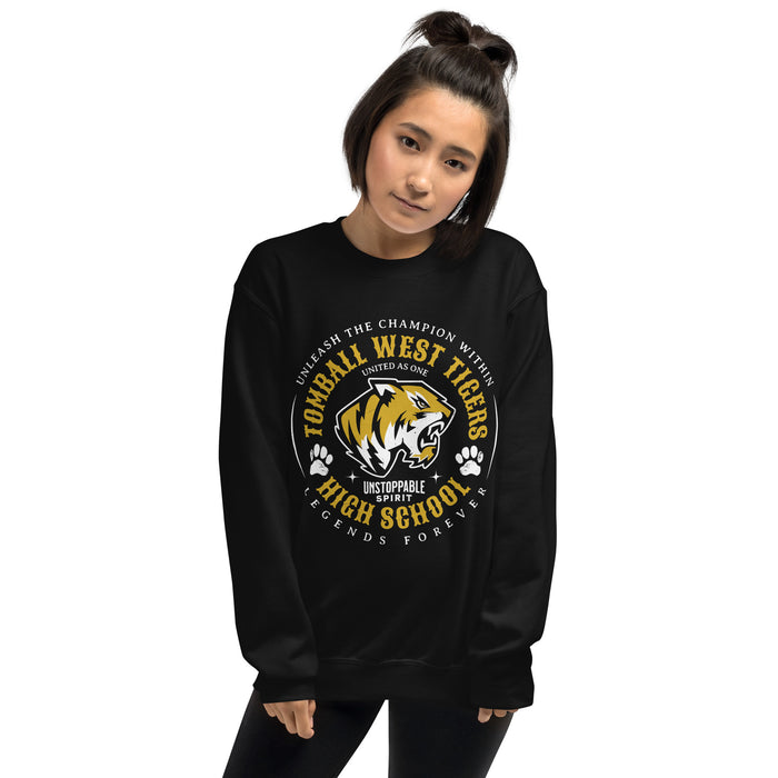 Woman wearing Tomball West High School Tigers Black Classic Unisex Sweatshirt 214
