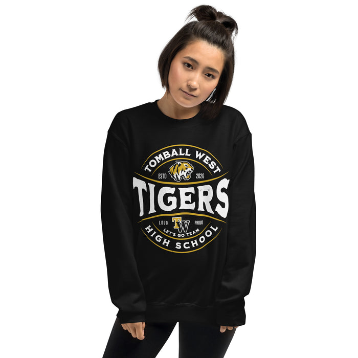 Woman wearing Tomball West High School Tigers Black Classic Unisex Sweatshirt 218