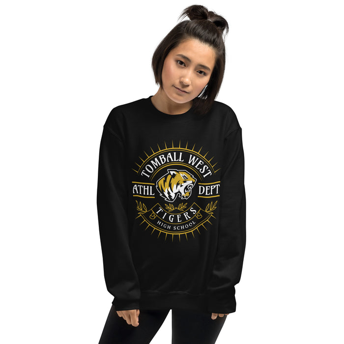 Woman wearing Tomball West High School Tigers Black Classic Unisex Sweatshirt 201