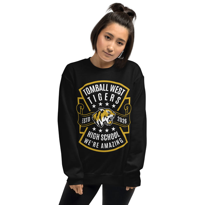 Woman wearing Tomball West High School Tigers Black Classic Unisex Sweatshirt 207
