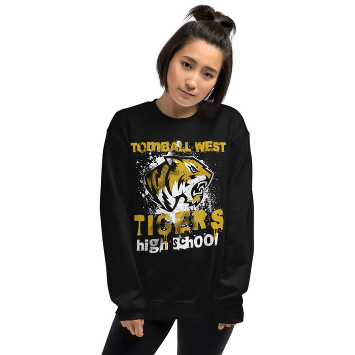 Woman wearing Tomball West High School Tigers Black Classic Unisex Sweatshirt 205