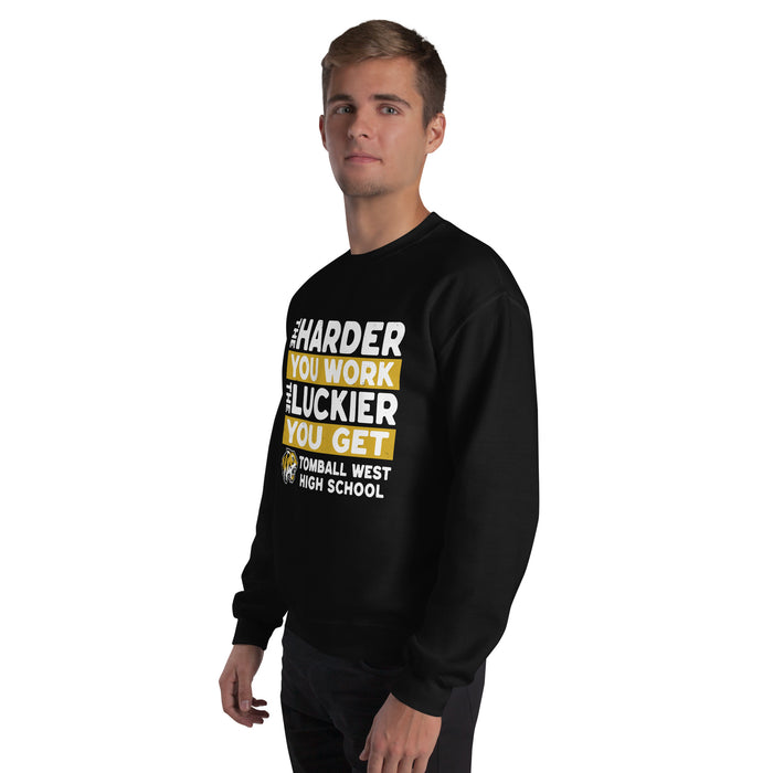 Man wearing Tomball West High School Tigers Black Classic Unisex Sweatshirt 238