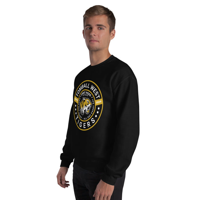 Man wearing Tomball West High School Tigers Black Classic Unisex Sweatshirt 239