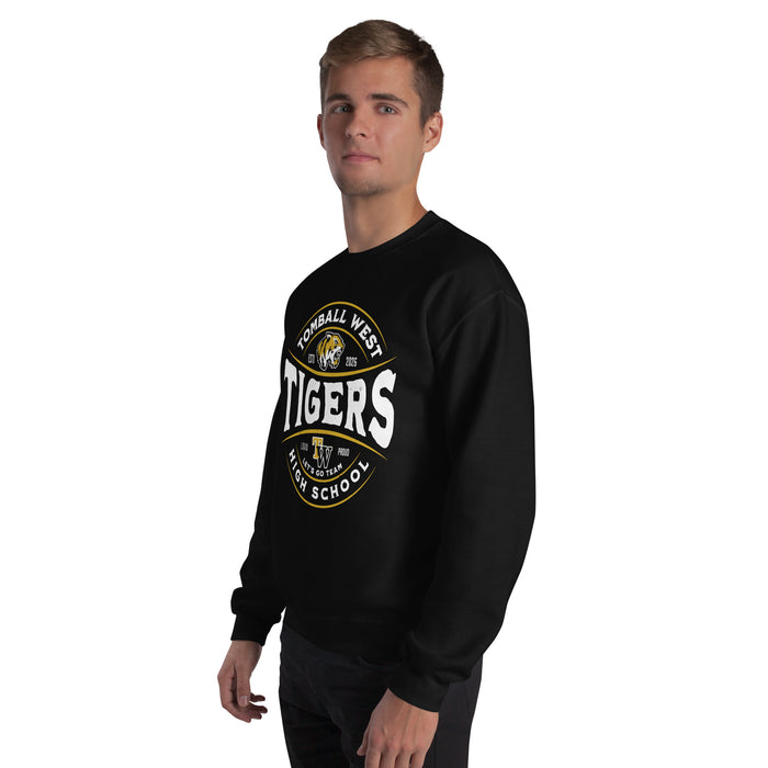 Man wearing Tomball West High School Tigers Black Classic Unisex Sweatshirt 218
