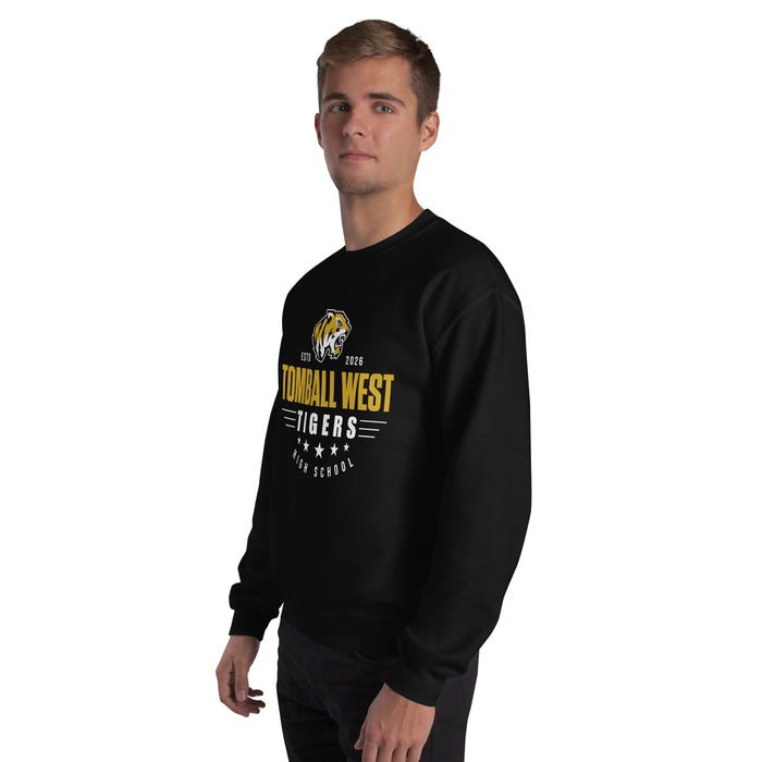 Man wearing Tomball West High School Tigers Black Classic Unisex Sweatshirt 217