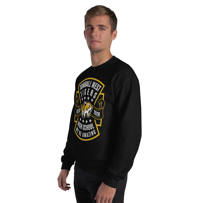 Man wearing Tomball West High School Tigers Black Classic Unisex Sweatshirt 207