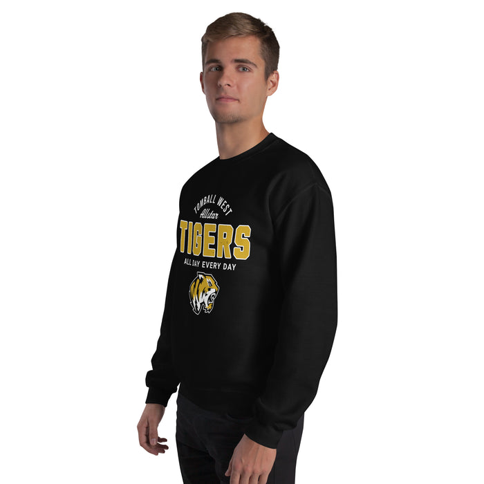 Man wearing Tomball West High School Tigers Black Classic Unisex Sweatshirt 040