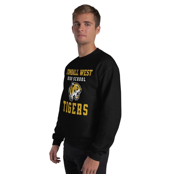 Man wearing Tomball West High School Tigers Black Classic Unisex Sweatshirt 006
