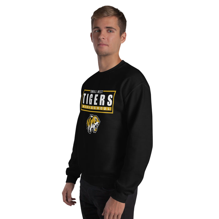 Man wearing Tomball West High School Tigers Black Classic Unisex Sweatshirt 049