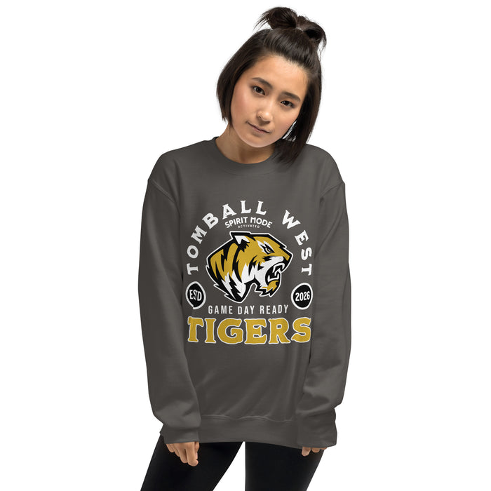 Woman wearing Tomball West High School Tigers Dark Grey Classic Unisex Sweatshirt 208