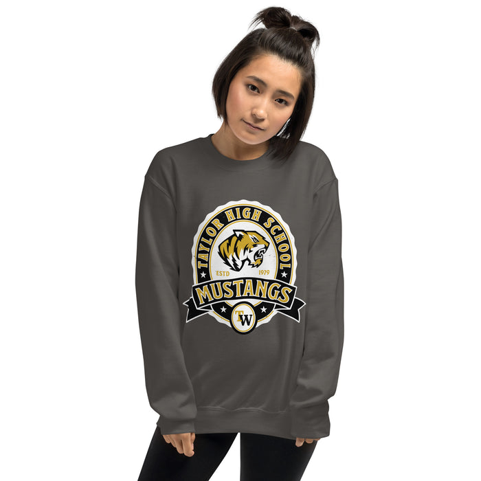 Woman wearing Tomball West High School Tigers Dark Grey Classic Unisex Sweatshirt 212