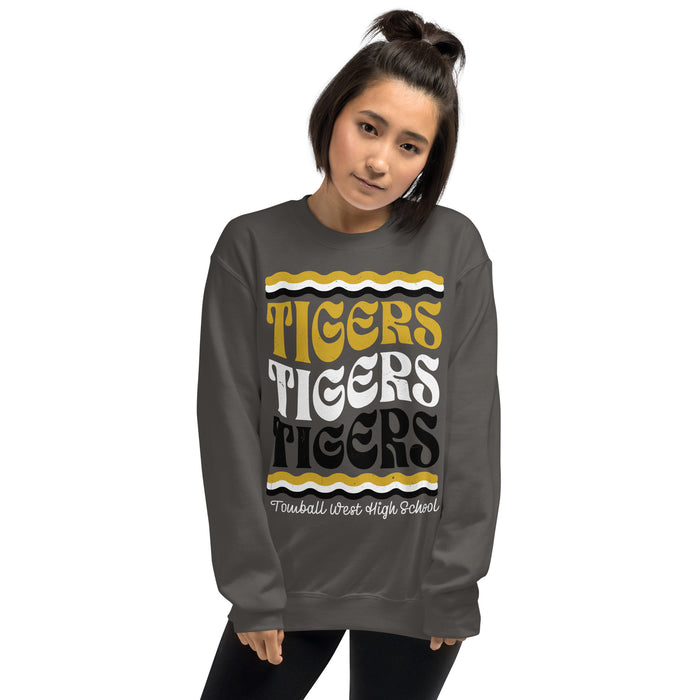 Woman wearing Tomball West High School Tigers Dark Grey Classic Unisex Sweatshirt 227