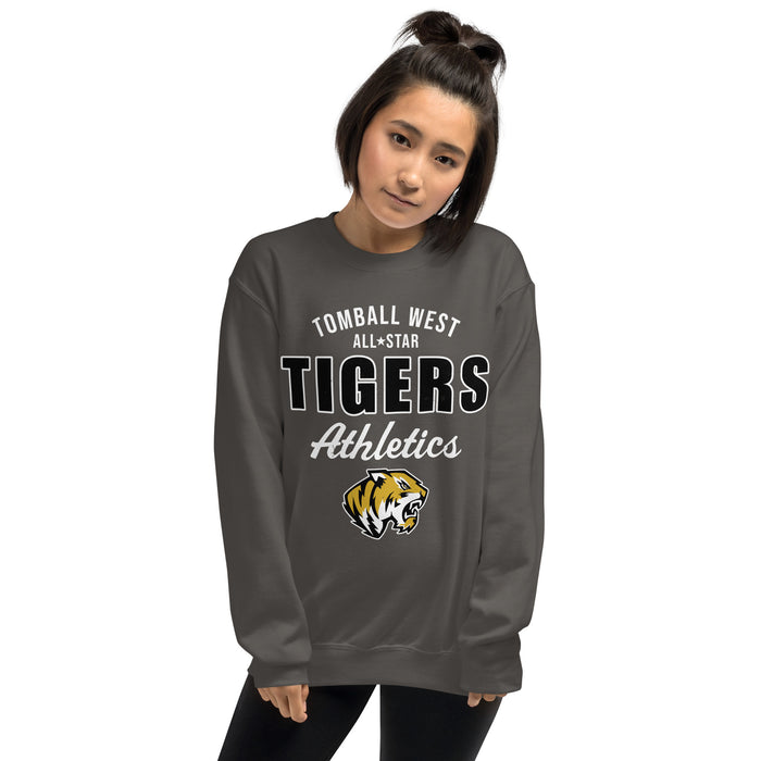 Woman wearing Tomball West High School Tigers Dark Grey Classic Unisex Sweatshirt 034