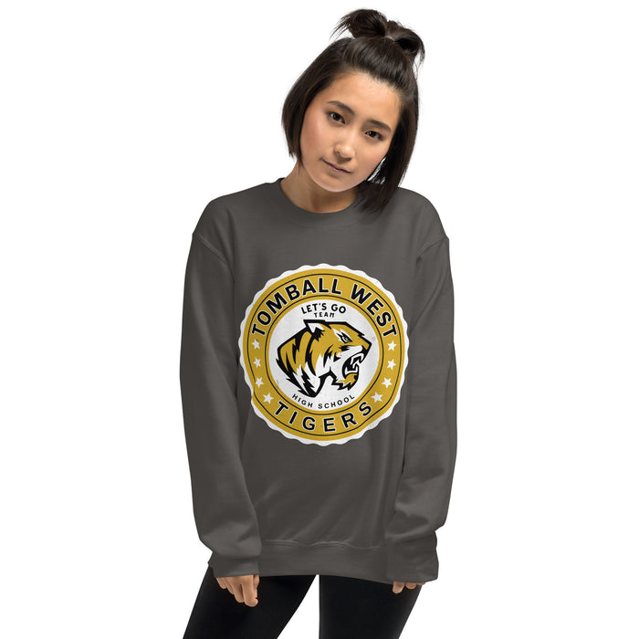 Woman wearing Tomball West High School Tigers Dark Grey Classic Unisex Sweatshirt 216