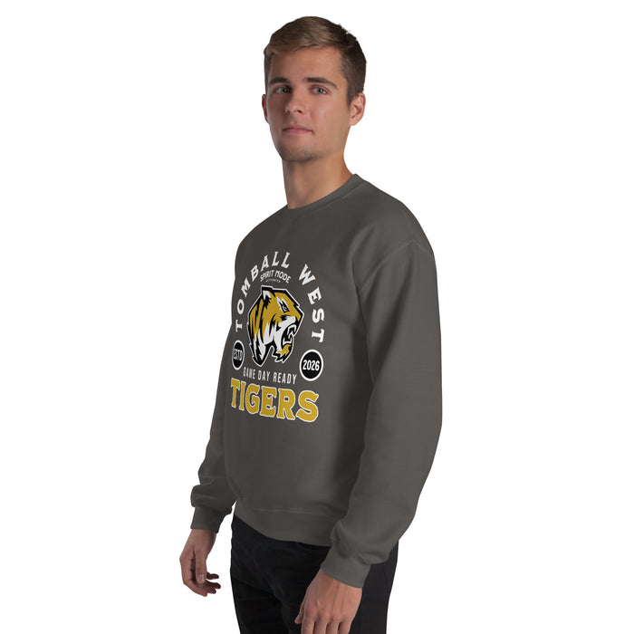 Man wearing Tomball West High School Tigers Dark Grey Classic Unisex Sweatshirt 208