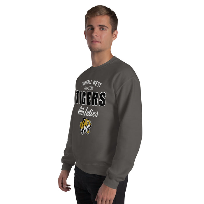 Man wearing Tomball West High School Tigers Dark Grey Classic Unisex Sweatshirt 034