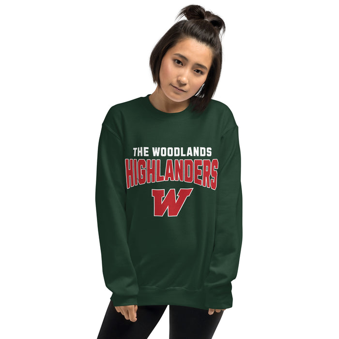 Woman wearing The Woodlands High School Highlanders Forest Green Classic Unisex Sweatshirt 234