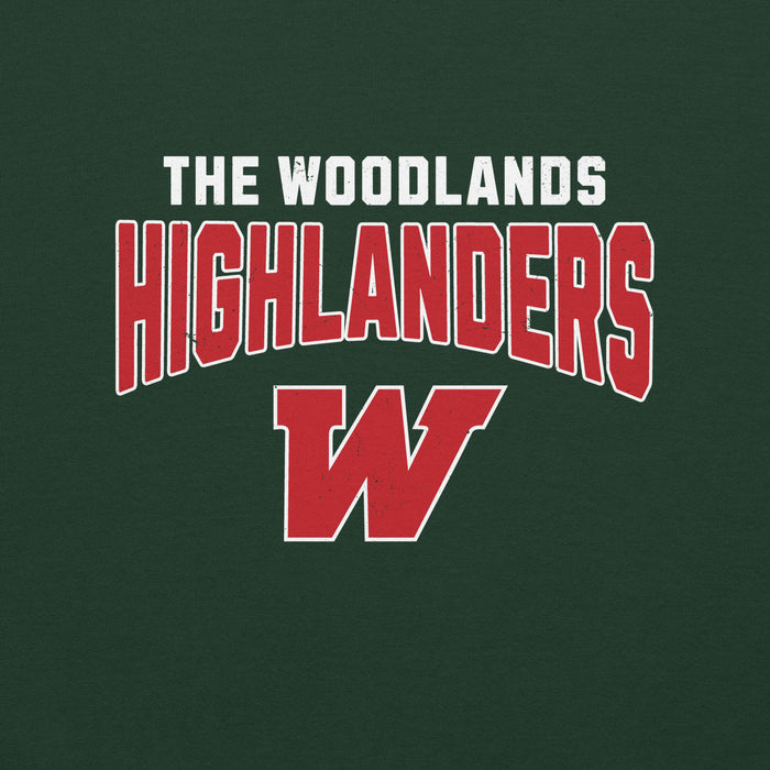 Close-up view of The Woodlands High School Highlanders Forest Green Classic Unisex Sweatshirt 234