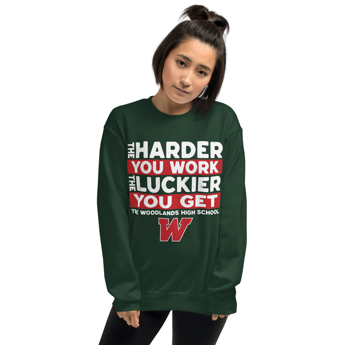 Woman wearing The Woodlands High School Highlanders Forest Green Classic Unisex Sweatshirt 238