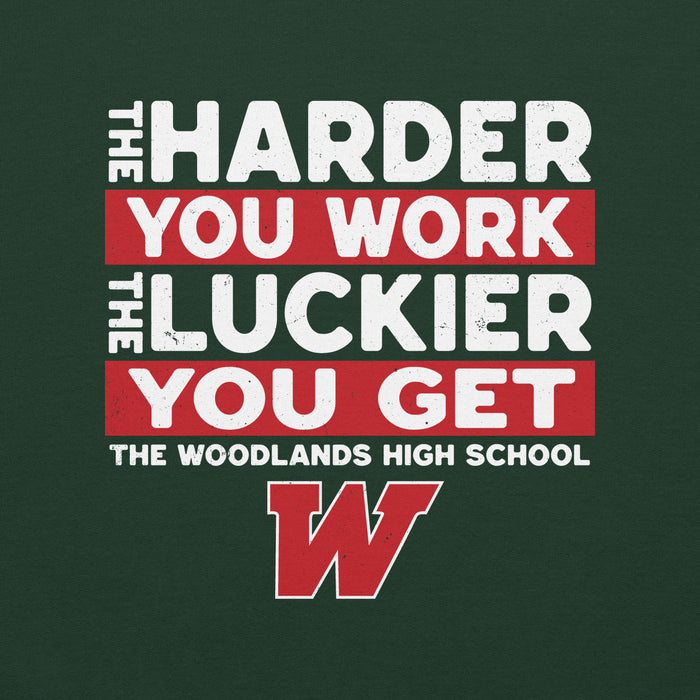 Close-up view of The Woodlands High School Highlanders Forest Green Classic Unisex Sweatshirt 238