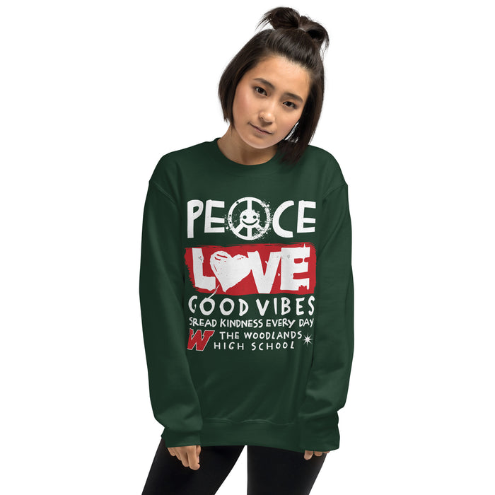 Woman wearing The Woodlands High School Highlanders Forest Green Classic Unisex Sweatshirt 240
