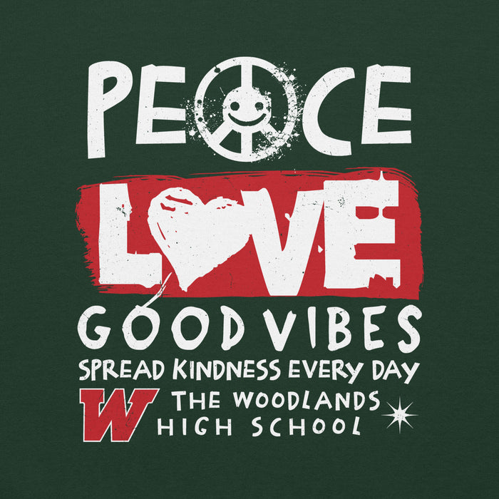 Close-up view of The Woodlands High School Highlanders Forest Green Classic Unisex Sweatshirt 240