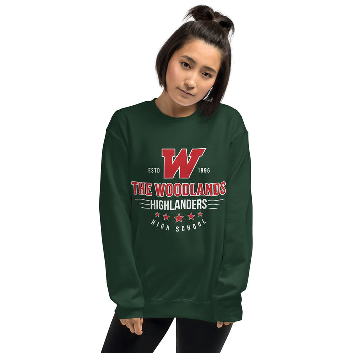 Woman wearing The Woodlands High School Highlanders Forest Green Classic Unisex Sweatshirt 217