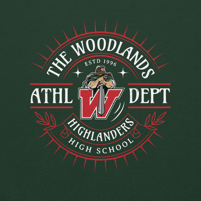 Close-up view of The Woodlands High School Highlanders Forest Green Classic Unisex Sweatshirt 201
