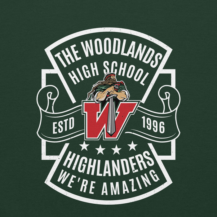 Close-up view of The Woodlands High School Highlanders Forest Green Classic Unisex Sweatshirt 207