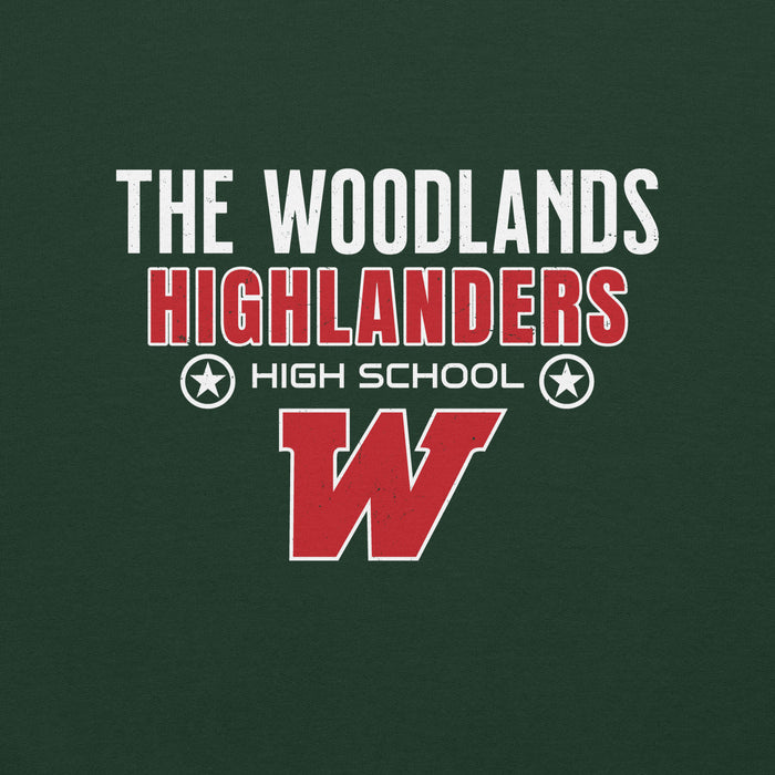 Close-up view  of The Woodlands High School Highlanders Forest Green Classic Unisex Sweatshirt 003