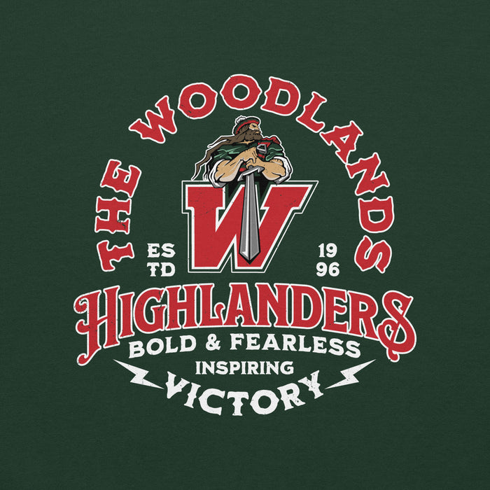 Close-up view of The Woodlands High School Highlanders Forest Green Classic Unisex Sweatshirt 206