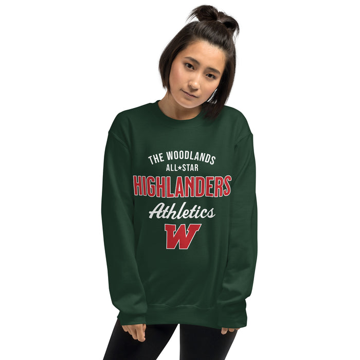 Woman wearing The Woodlands High School Highlanders Forest Green Classic Unisex Sweatshirt 034