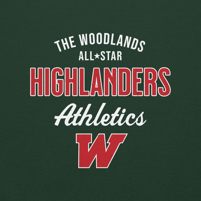 Close-up view of The Woodlands High School Highlanders Forest Green Classic Unisex Sweatshirt 034