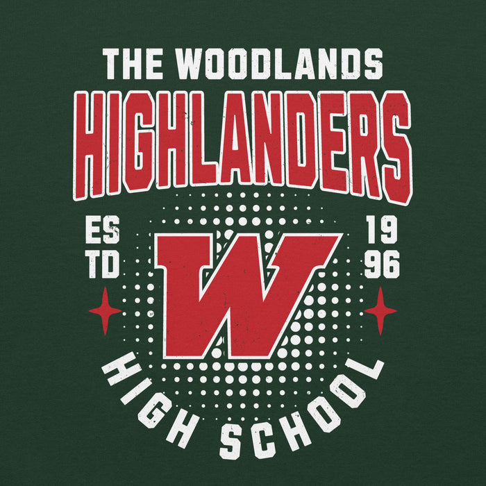 Close-up view of The Woodlands High School Highlanders Forest Green Classic Unisex Sweatshirt 204