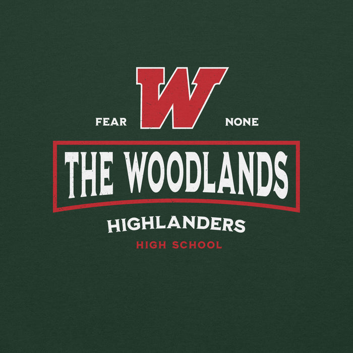 Close-up view of The Woodlands High School Highlanders Forest Green Classic Unisex Sweatshirt 202