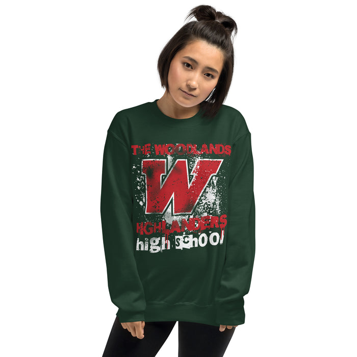 Female wearing The Woodlands High School Highlanders Forest Green Classic Unisex Sweatshirt 205