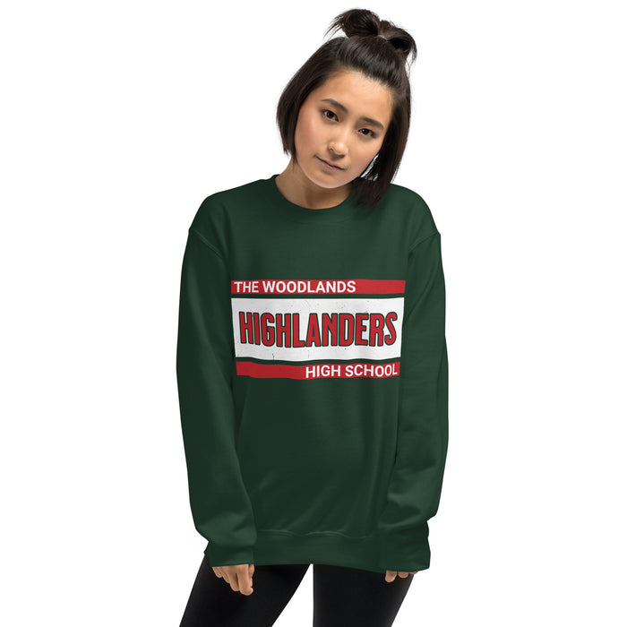 Woman wearing The Woodlands High School Highlanders Forest Green Classic Unisex Sweatshirt 098