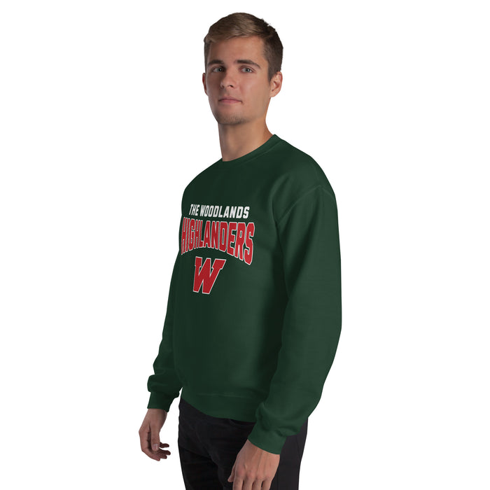 Man wearing The Woodlands High School Highlanders Forest Green Classic Unisex Sweatshirt 234