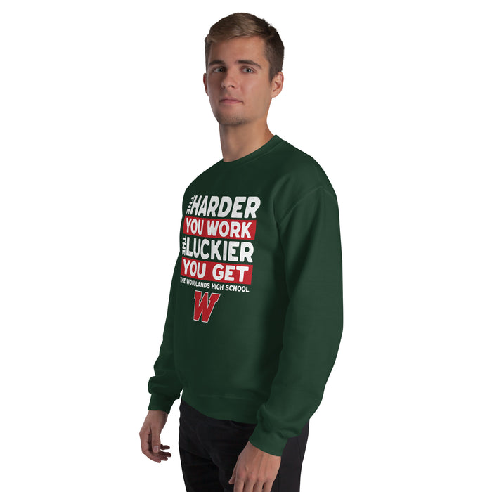 Man wearing The Woodlands High School Highlanders Forest Green Classic Unisex Sweatshirt 238