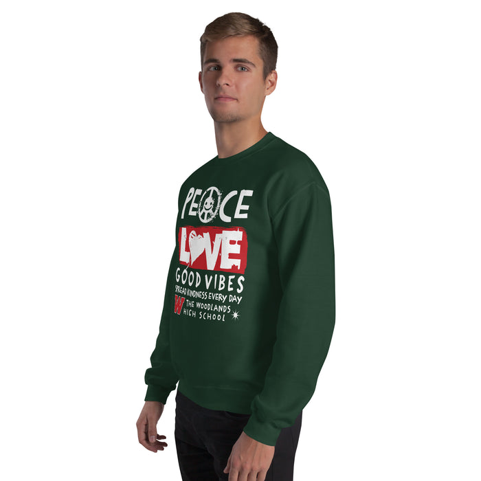 Man wearing The Woodlands High School Highlanders Forest Green Classic Unisex Sweatshirt 240
