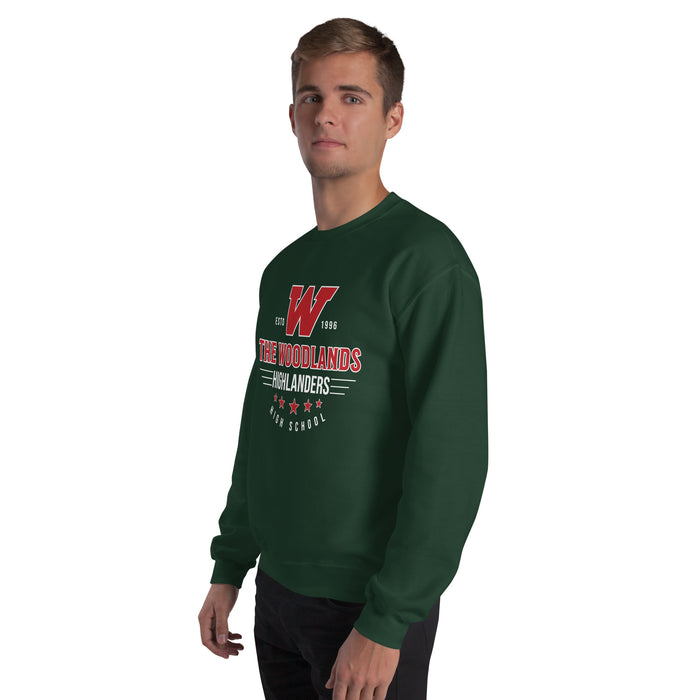 Man wearing The Woodlands High School Highlanders Forest Green Classic Unisex Sweatshirt 217