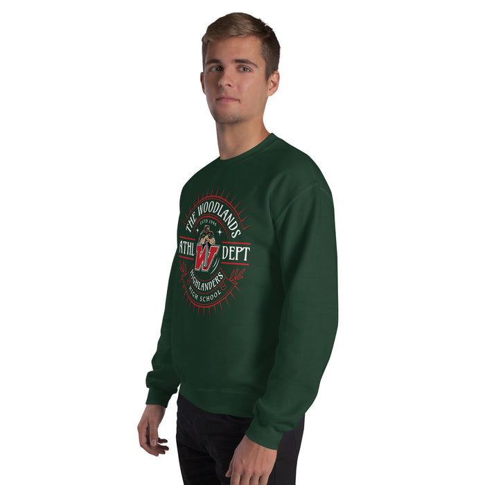 Man wearing The Woodlands High School Highlanders Forest Green Classic Unisex Sweatshirt 201