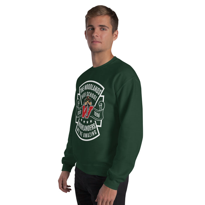 Man wearing The Woodlands High School Highlanders Forest Green Classic Unisex Sweatshirt 207