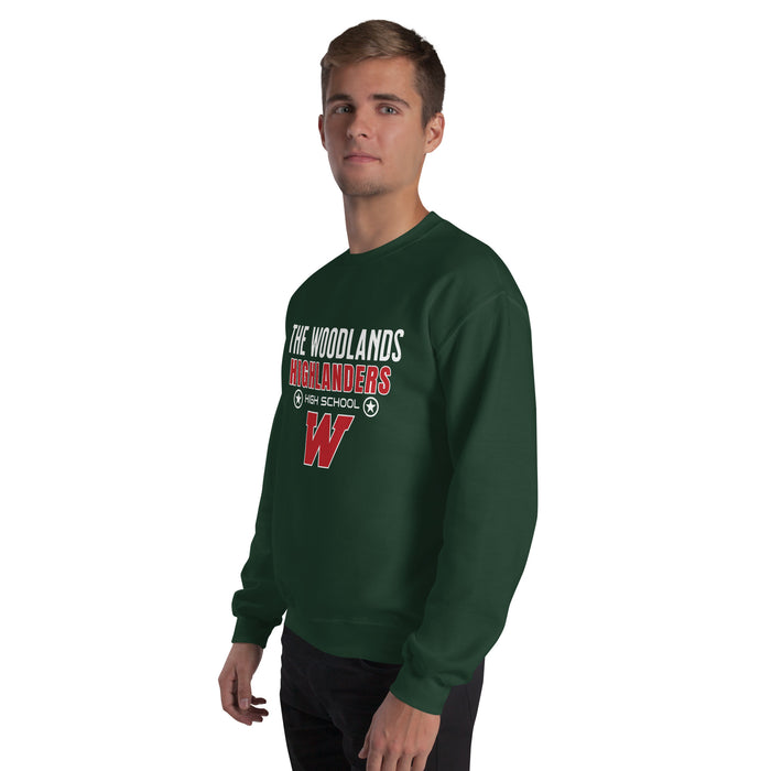 Man wearing The Woodlands High School Highlanders Forest Green Classic Unisex Sweatshirt 003