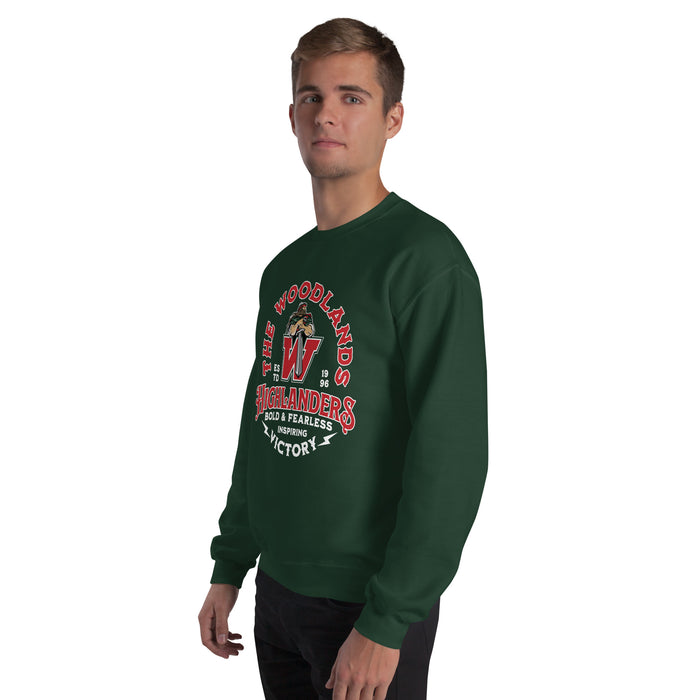 Man wearing The Woodlands High School Highlanders Forest Green Classic Unisex Sweatshirt 206