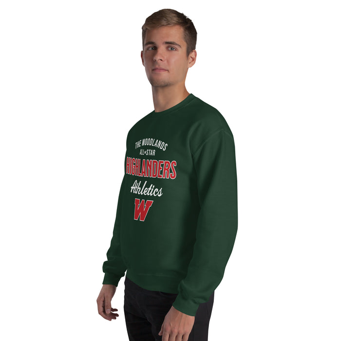 Man wearing The Woodlands High School Highlanders Forest Green Classic Unisex Sweatshirt 034