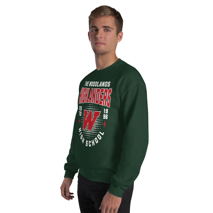 Man wearing The Woodlands High School Highlanders Forest Green Classic Unisex Sweatshirt 204