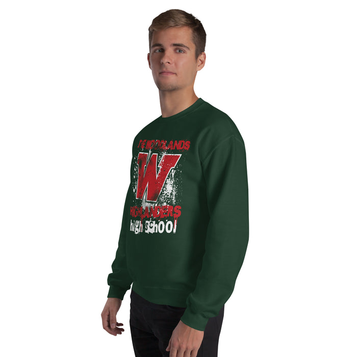 Man wearing The Woodlands High School Highlanders Forest Green Classic Unisex Sweatshirt 205