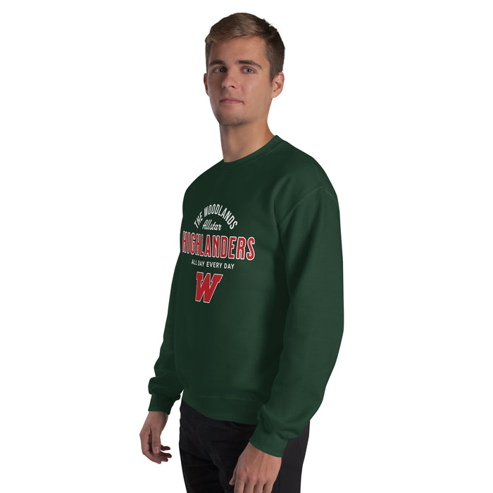 Man wearing The Woodlands High School Highlanders Forest Green Classic Unisex Sweatshirt 040