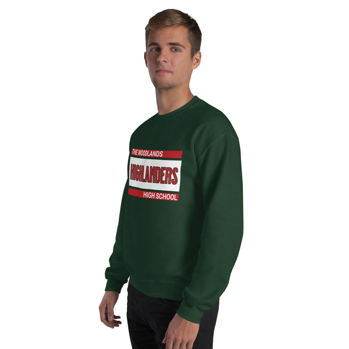 Man wearing The Woodlands High School Highlanders Forest Green Classic Unisex Sweatshirt 098